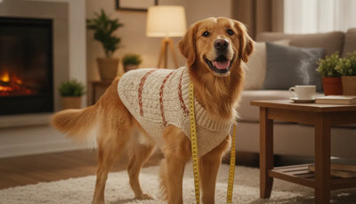 A golden retriever wearing a coat with a measuring tape around its chest
