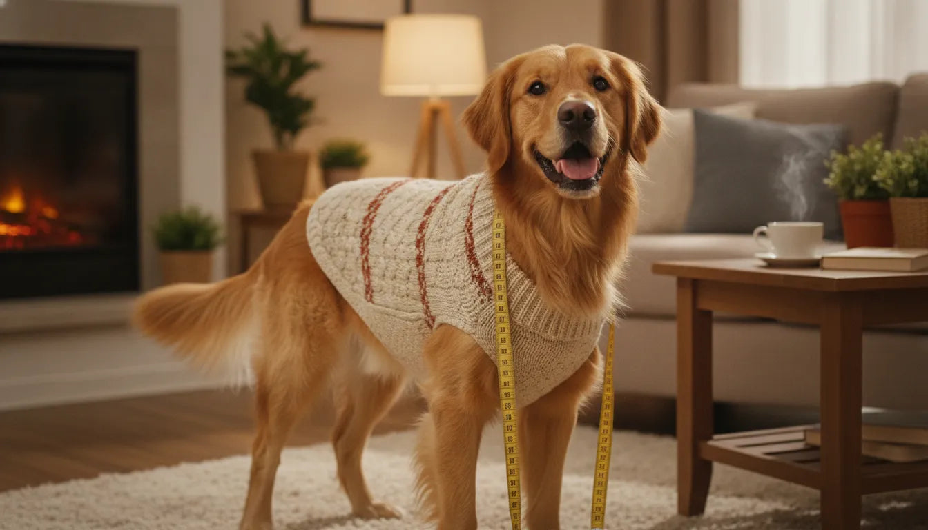 A golden retriever wearing a coat with a measuring tape around its chest