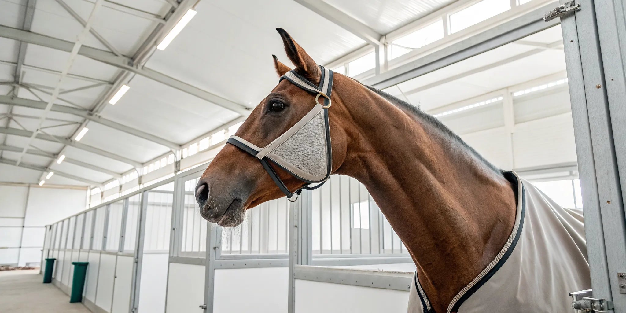 Fly mask for a horse with sensitive eyes.