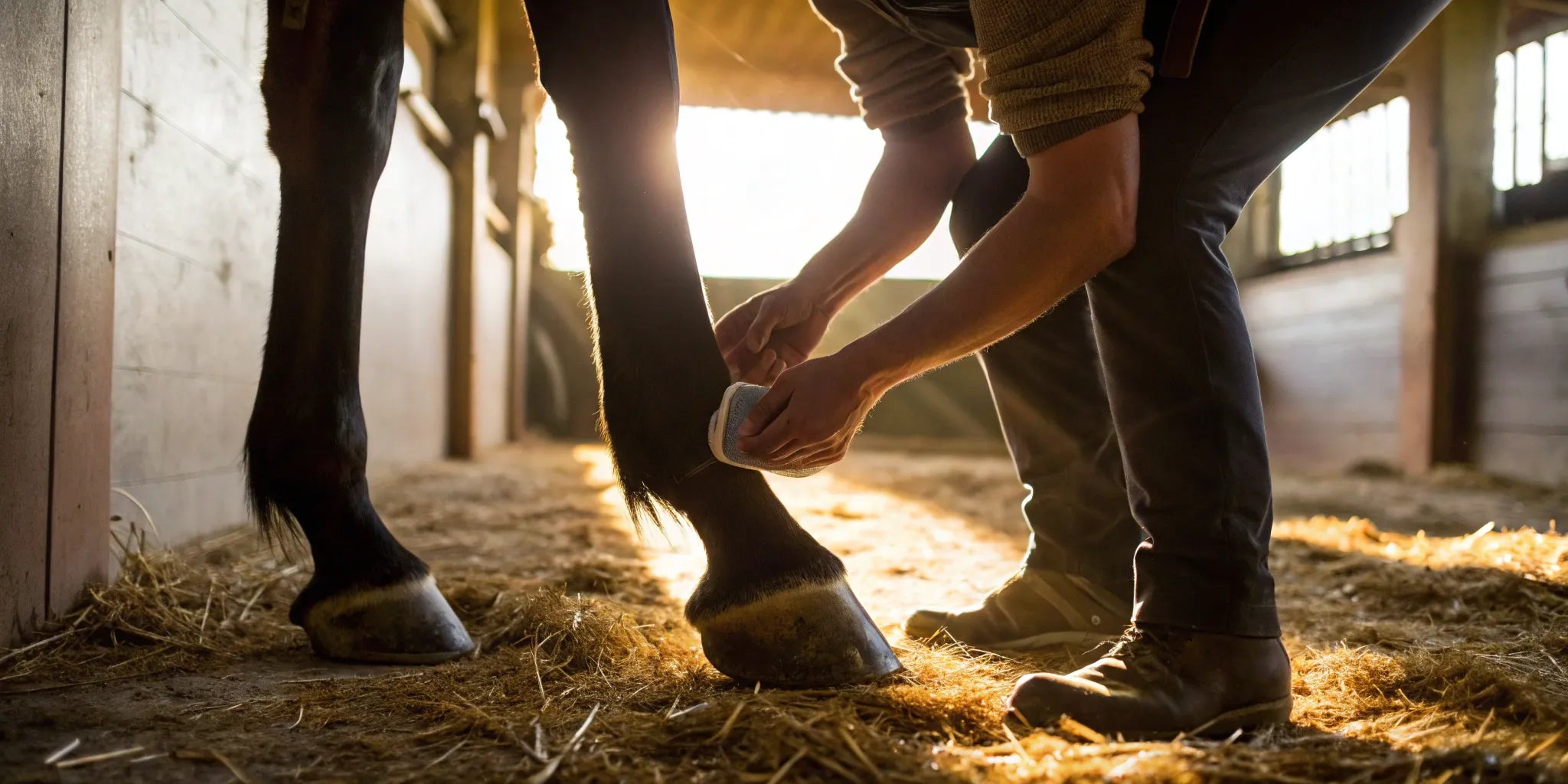 Cleaning a horse's hoof with a hoof pick to treat thrush.