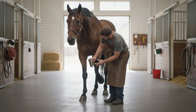 A farrier gently inspecting and cleaning a lifted horse hoof in a bright barn
