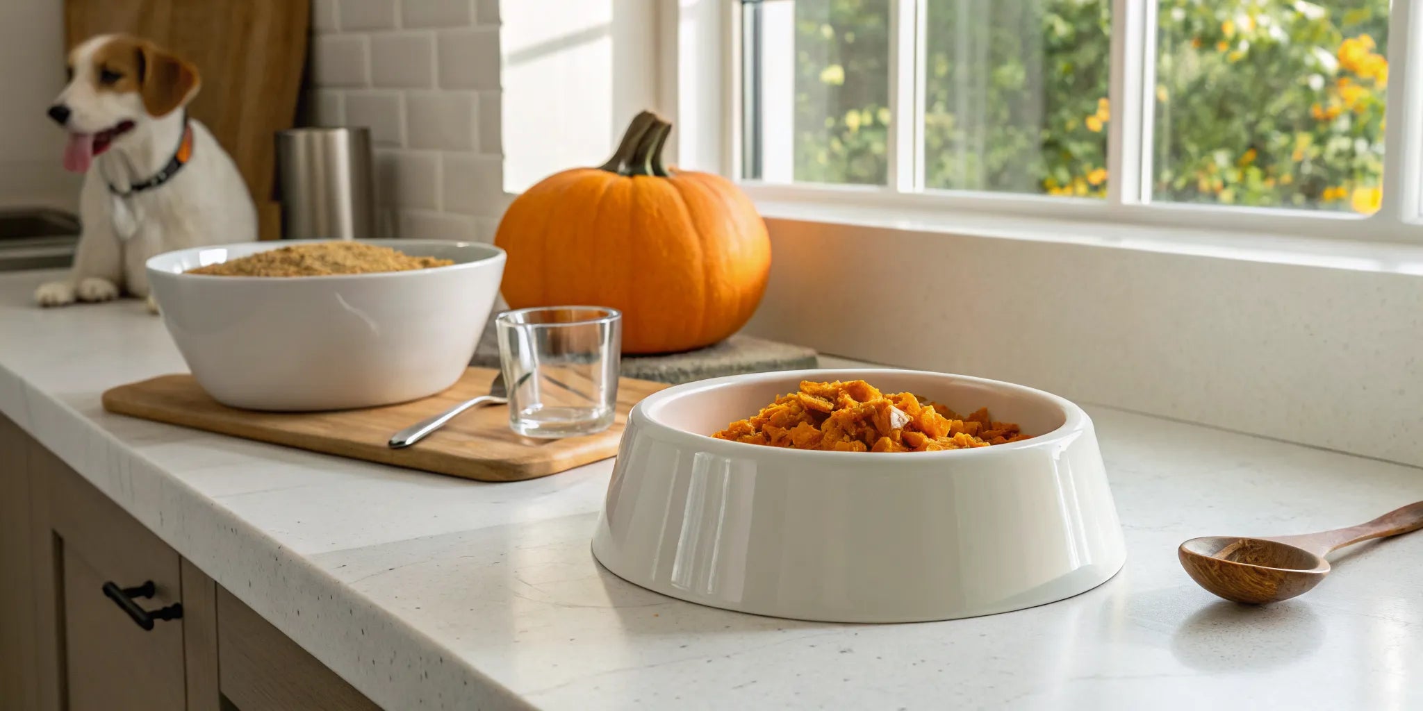 A dog sits near a bowl of pumpkin supplement for digestion.