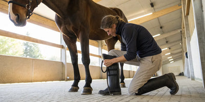A person applying a horse medicine boot to a horse's leg.