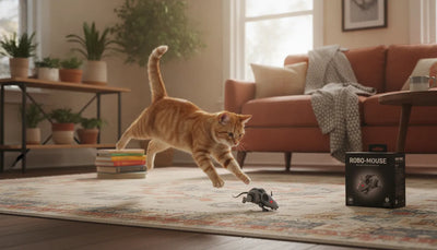 An active orange tabby cat playfully pouncing on a moving robotic mouse toy in a cozy living room