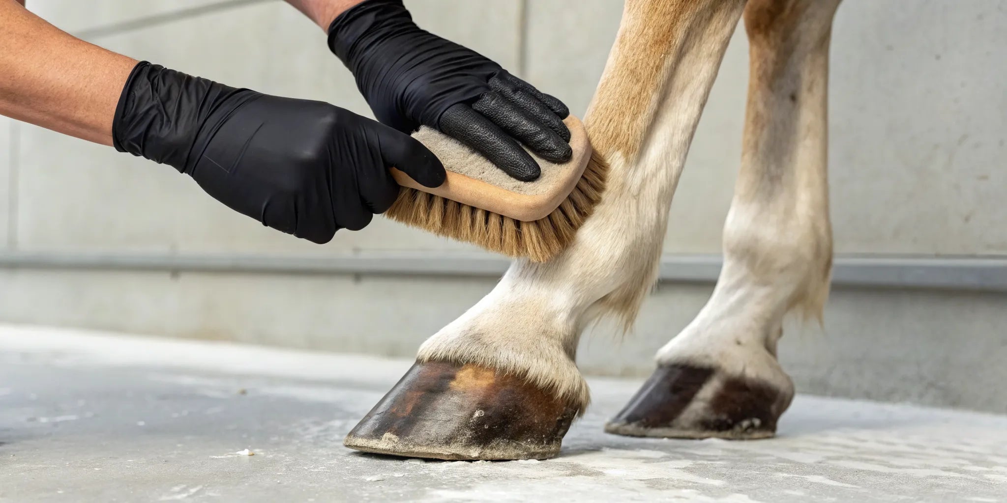 Applying hoof oil to a horse's hoof, a debated practice for the health of horses' feet.