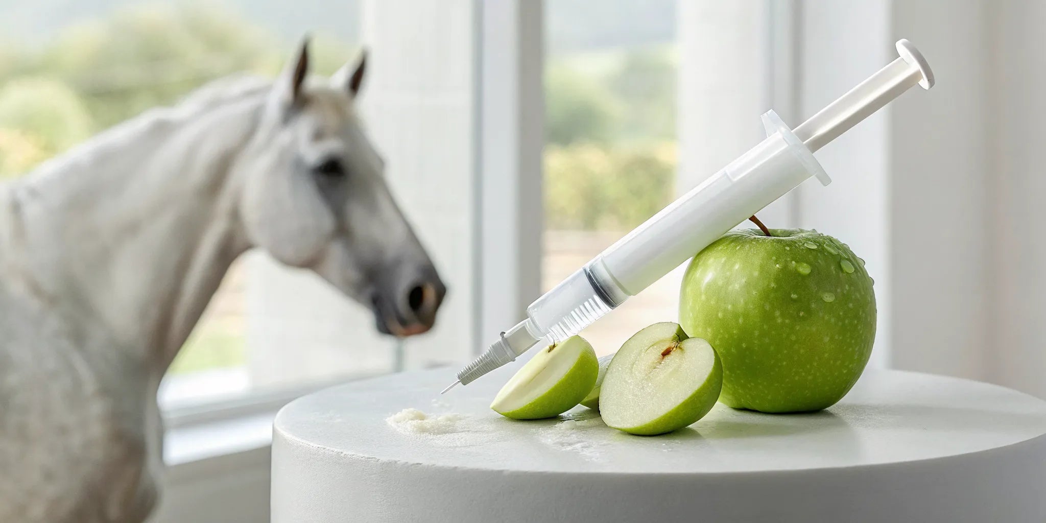 Apple-flavored ivermectin horse wormer syringe and a green apple with a horse in the background.