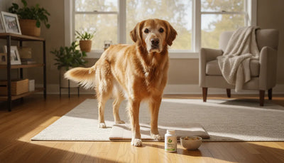 Golden Retriever dog standing in a sunlit room, joint health wellness concept