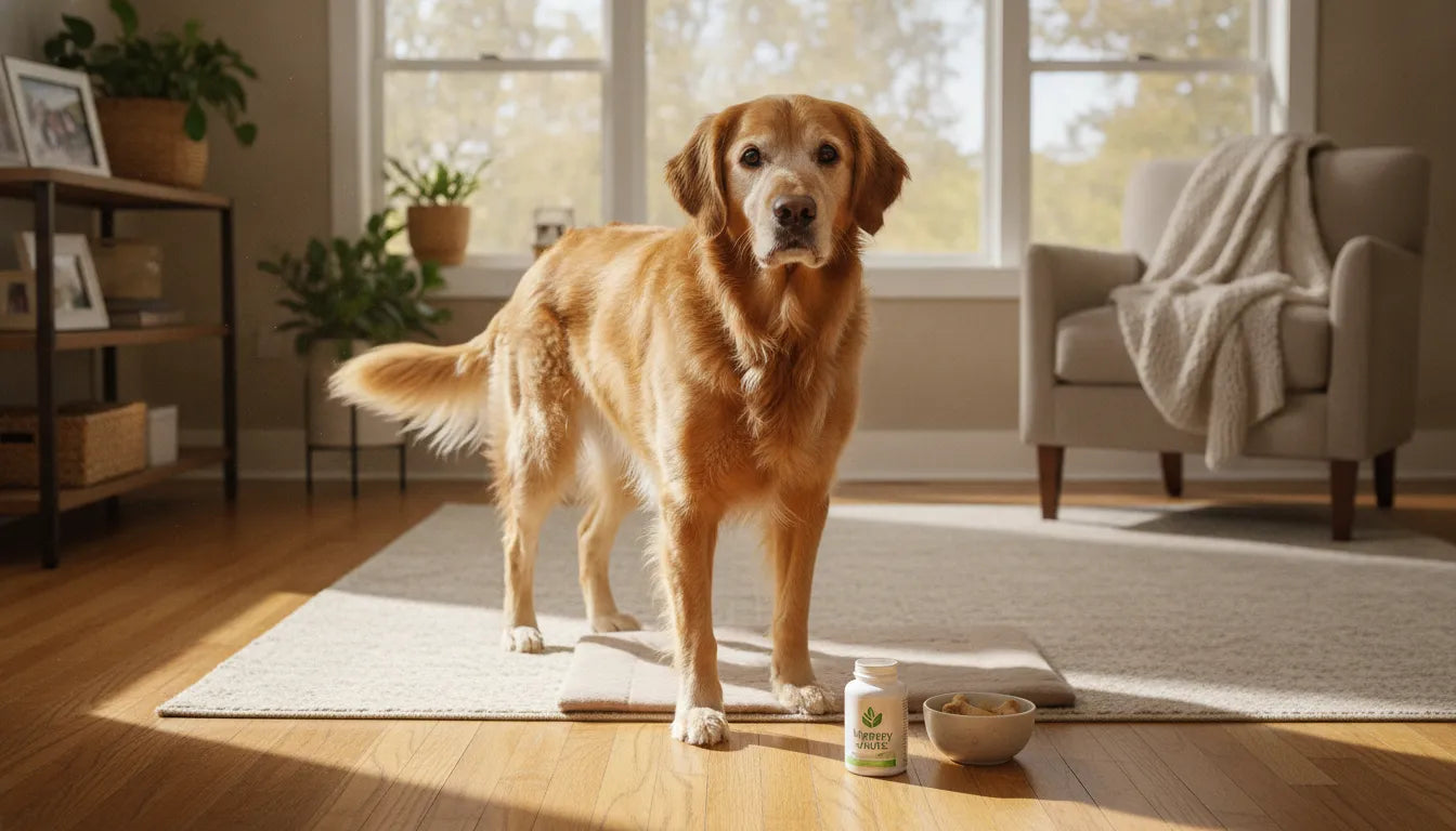 Golden Retriever dog standing in a sunlit room, joint health wellness concept