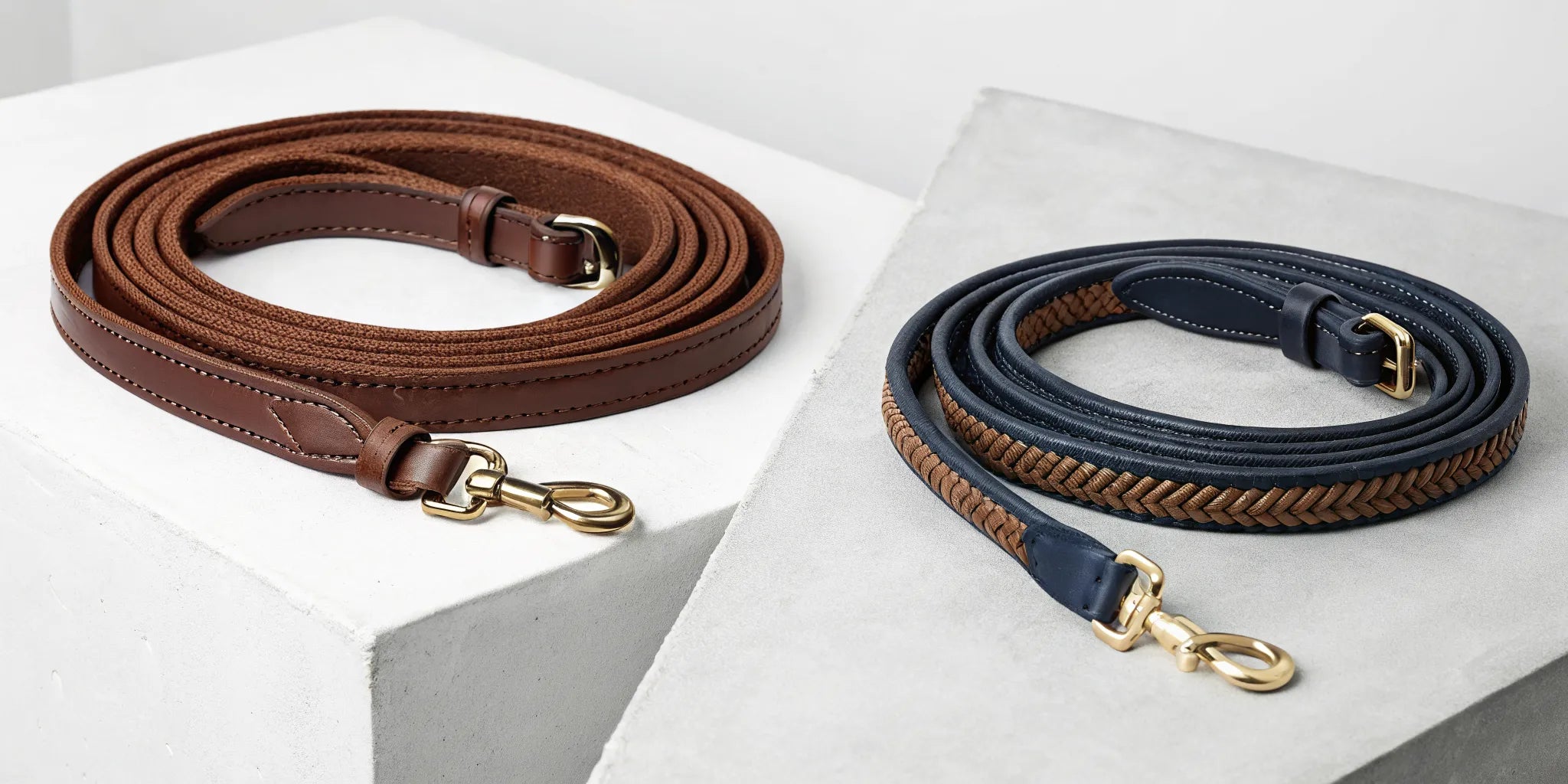 Side-by-side comparison of leather vs. nylon roping reins.