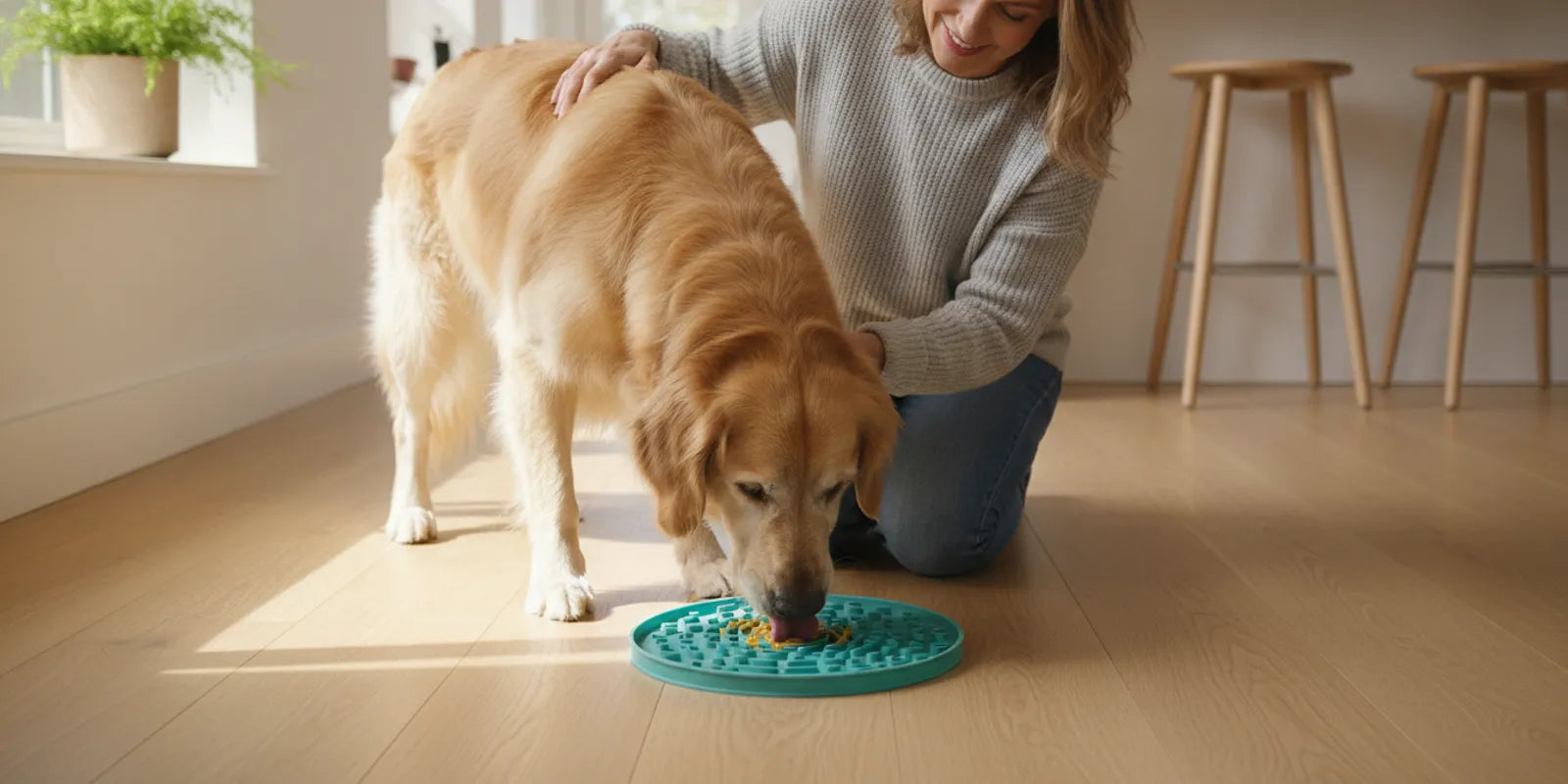 A dog calmly licking a thin layer of food from a textured silicone mat on a clean kitchen floor