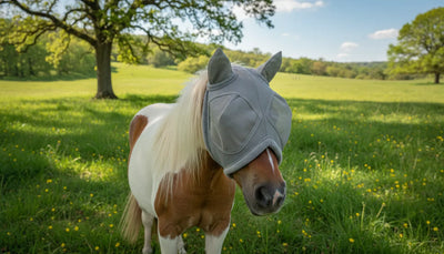 Mini horse fly mask fitted securely on a miniature horse