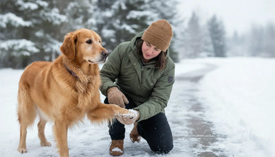Owner gently checking a dog's paw beside a snowy winter walking trail
