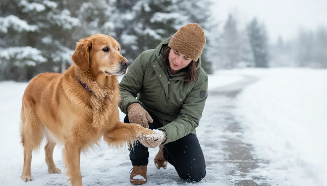 Owner gently checking a dog's paw beside a snowy winter walking trail