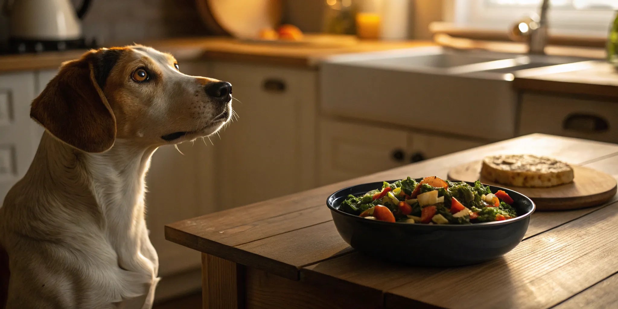 Dog looking at a bowl of food with mussels to support a healthy mouth.