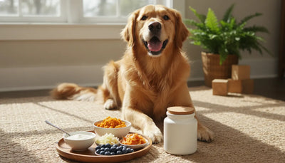 Healthy dog beside probiotic foods and a supplement jar