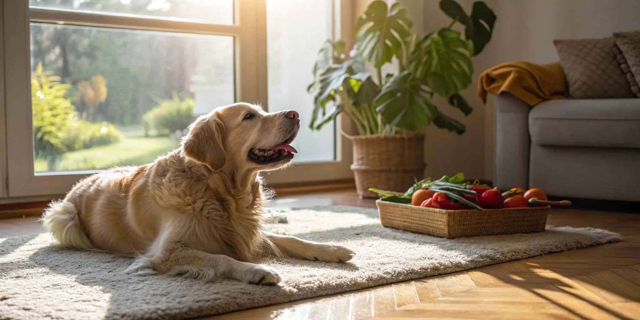 Golden retriever with vegetables, a natural probiotic source for dogs with diarrhea.