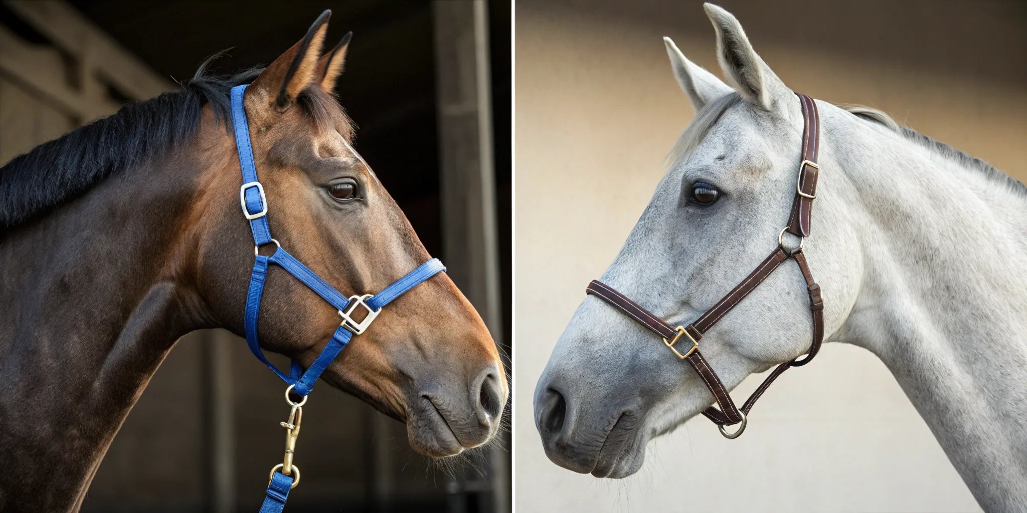 A comparison of a horse in a nylon halter vs a horse in a leather halter.