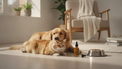 Dog and cat sitting together near a bowl of omega-3 fish oil supplement, highlighting pet health and wellness