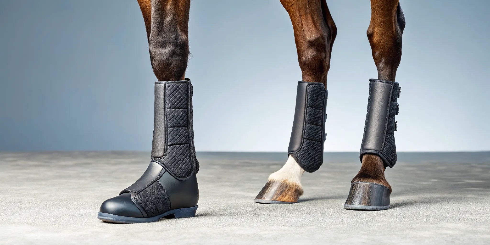 A horse wearing overreach boots vs bell boots to compare their design and protection.