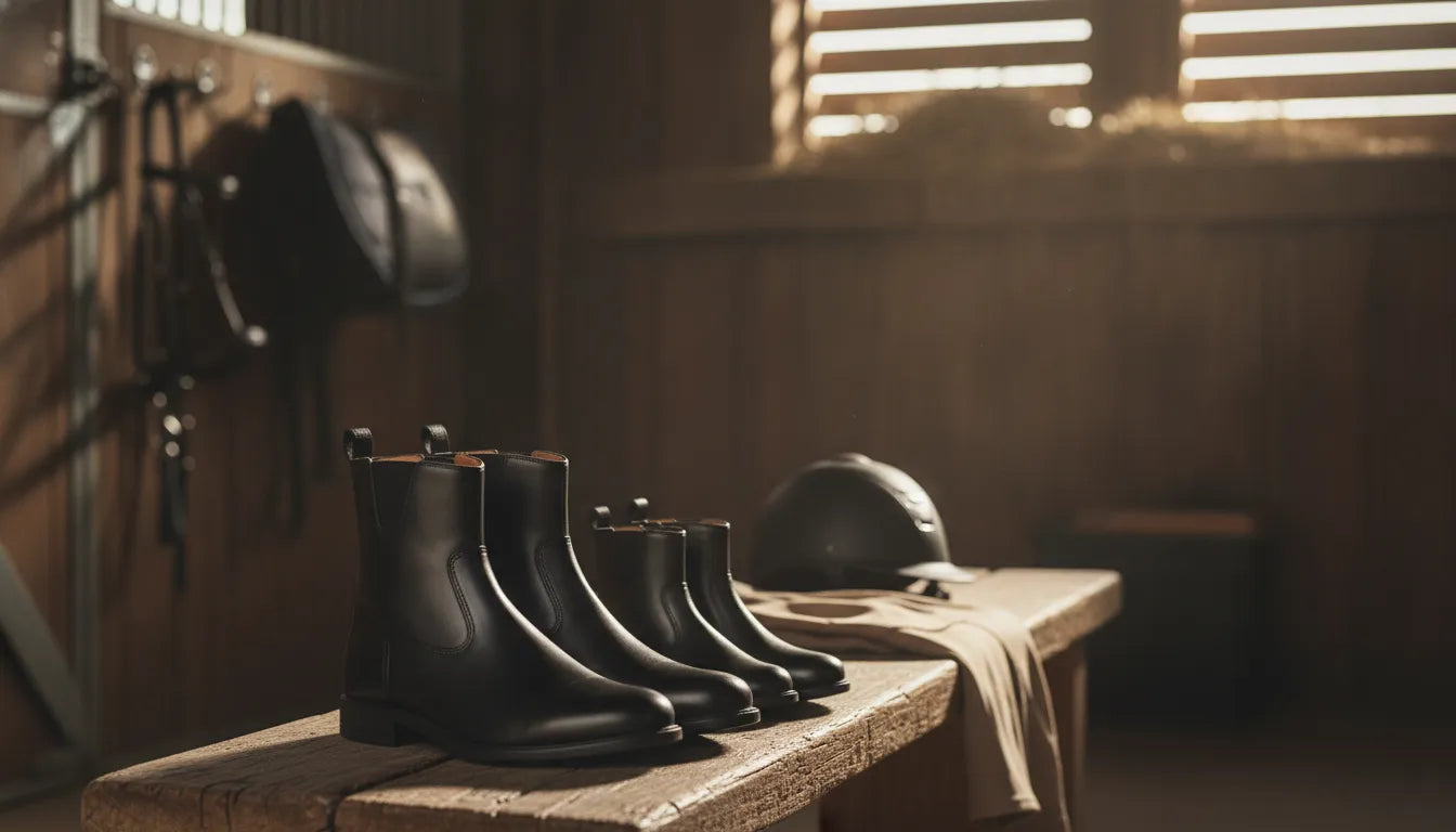 Black adult and child paddock riding boots on a stable tack-room bench