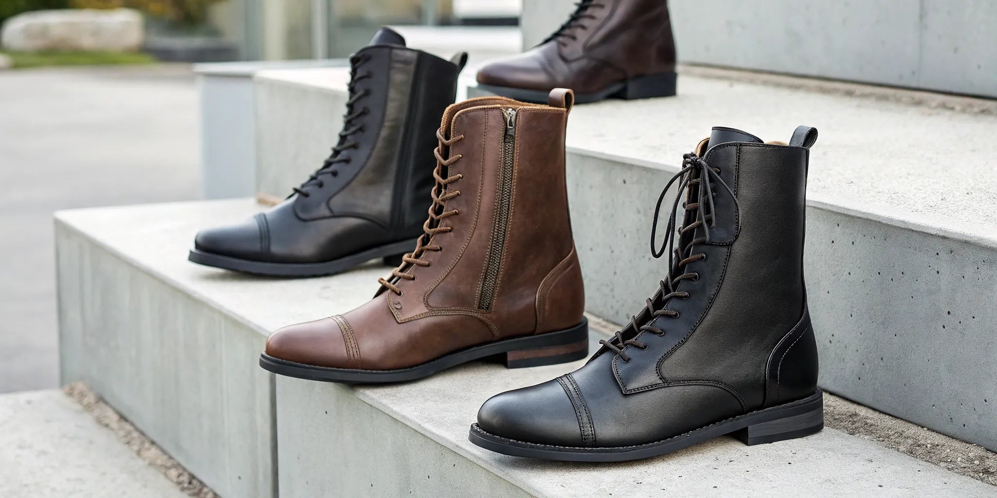 A pair of black and brown leather paddock riding boots.