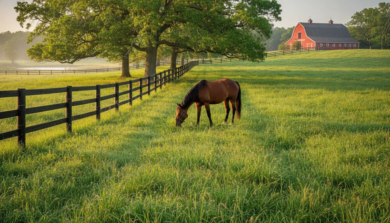 Horse grazing in a well-managed green pasture beside a safe fence