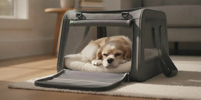 Dog resting inside an open, well-ventilated travel carrier at home