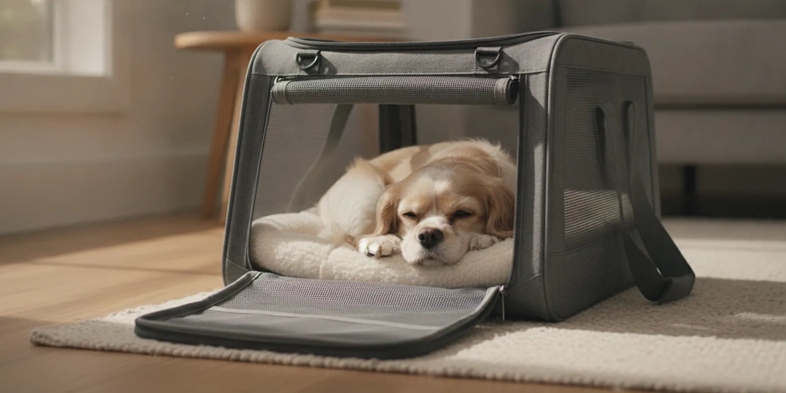 Dog resting inside an open, well-ventilated travel carrier at home