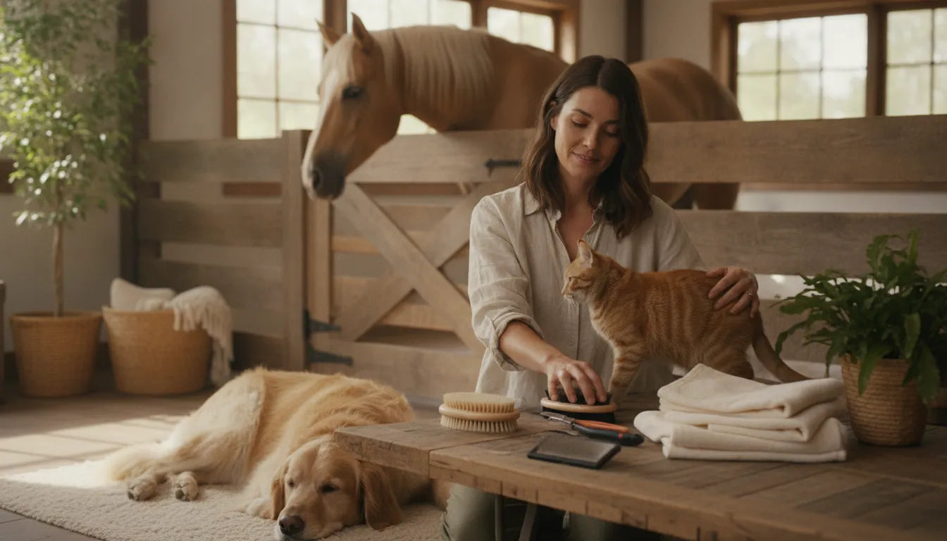 Dog, cat, and horse owner preparing a calm home grooming station