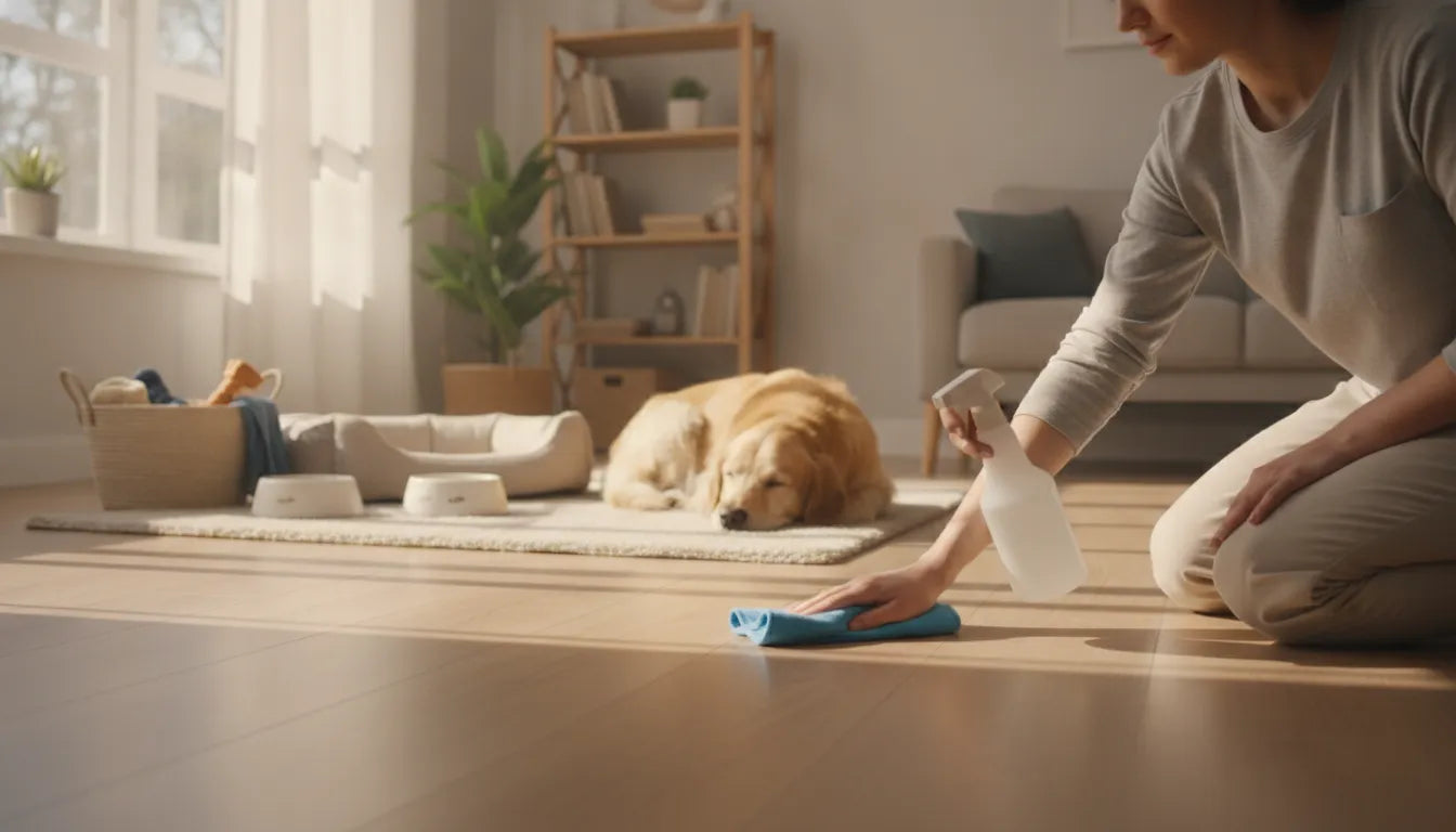 Owner cleaning a pet-friendly home while a dog rests safely nearby