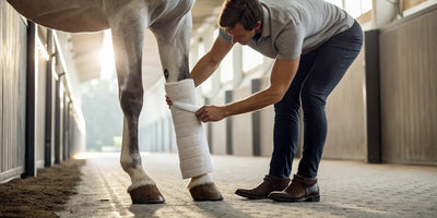 A horse's leg being correctly wrapped with a white polo wrap for support.