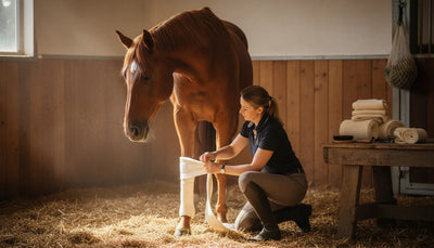 Rider applying polo wraps to a horse's lower leg in a stable