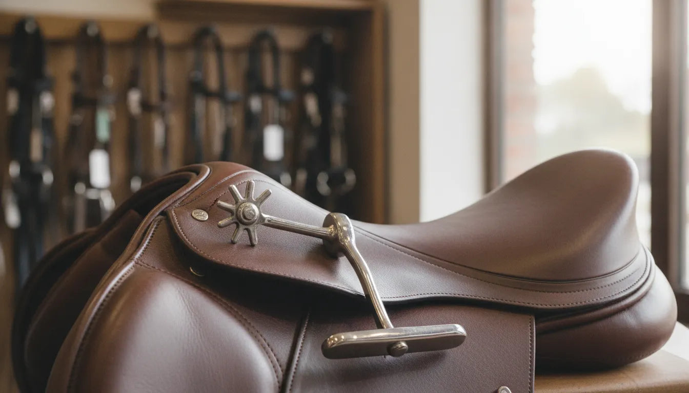 English Prince of Wales and hammerhead riding spurs on a leather saddle