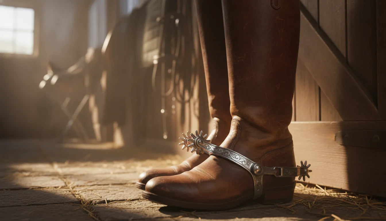 Pair of polished silver riding spurs resting on leather boots beside a stable aisle