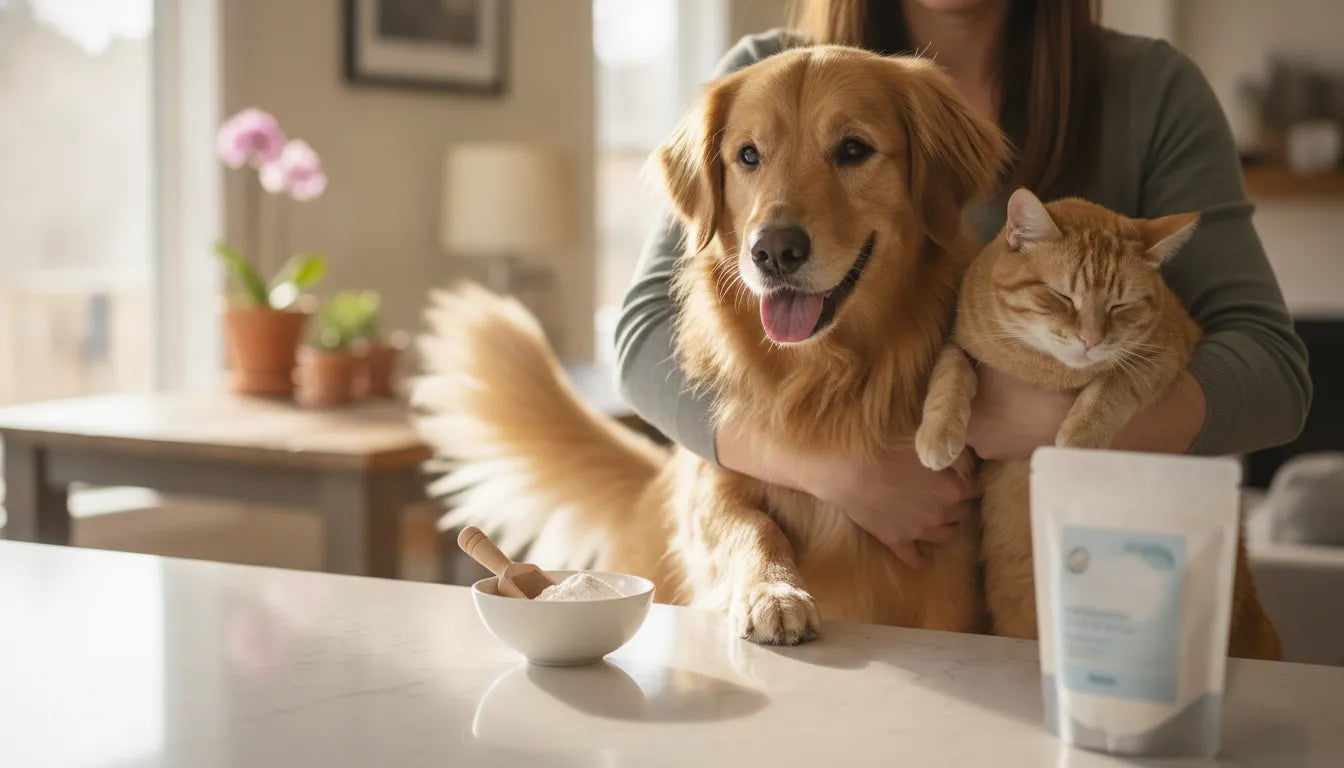 Person holding a happy dog and a content cat beside a bowl of probiotic supplement powder on a bright kitchen counter