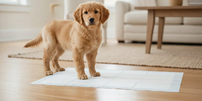 A young puppy standing beside a clean training pad in a bright home