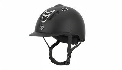 Equestrian riding helmet on display showing safety features, chin strap, and ventilation