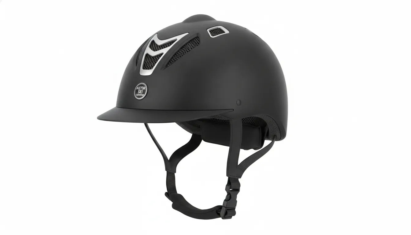 Equestrian riding helmet on display showing safety features, chin strap, and ventilation