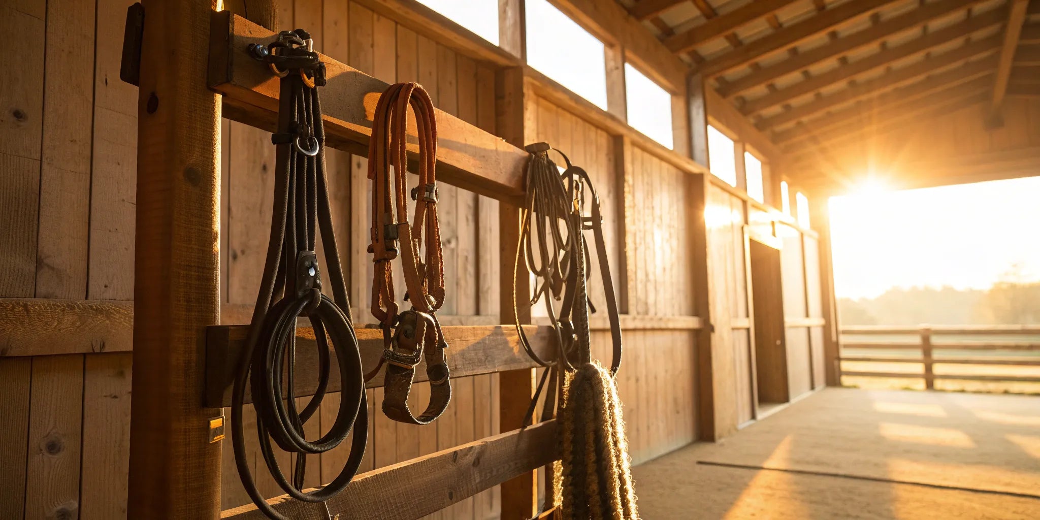 A smooth, continuous roping rein hangs next to a shorter, knotted barrel rein.