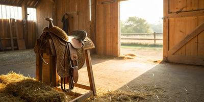 A leather roping saddle featuring a strong, reinforced horn and a deep seat.