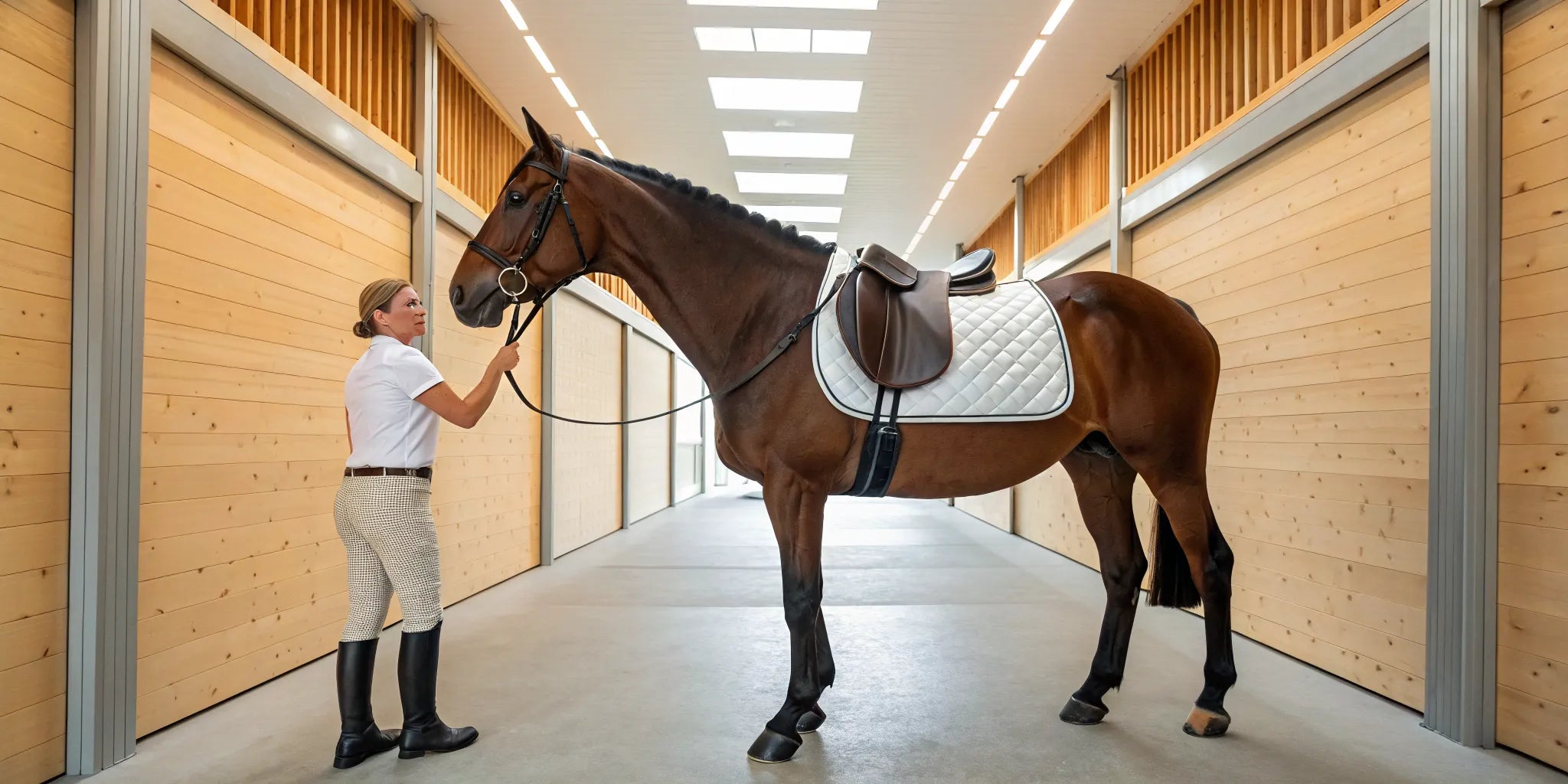 A properly fitted white saddle pad for horses under a brown leather saddle.