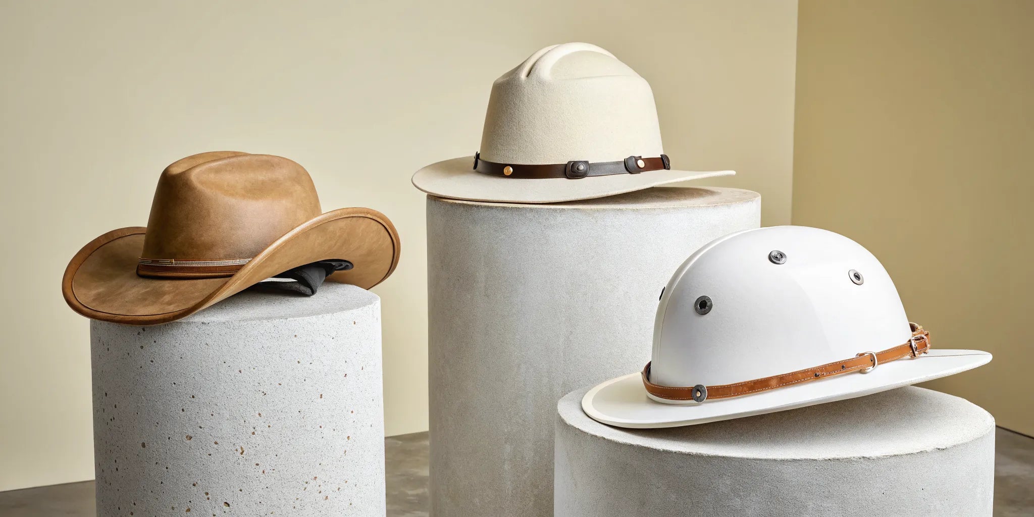 A kids cowboy hat helmet next to a traditional cowboy hat and a standard riding helmet.