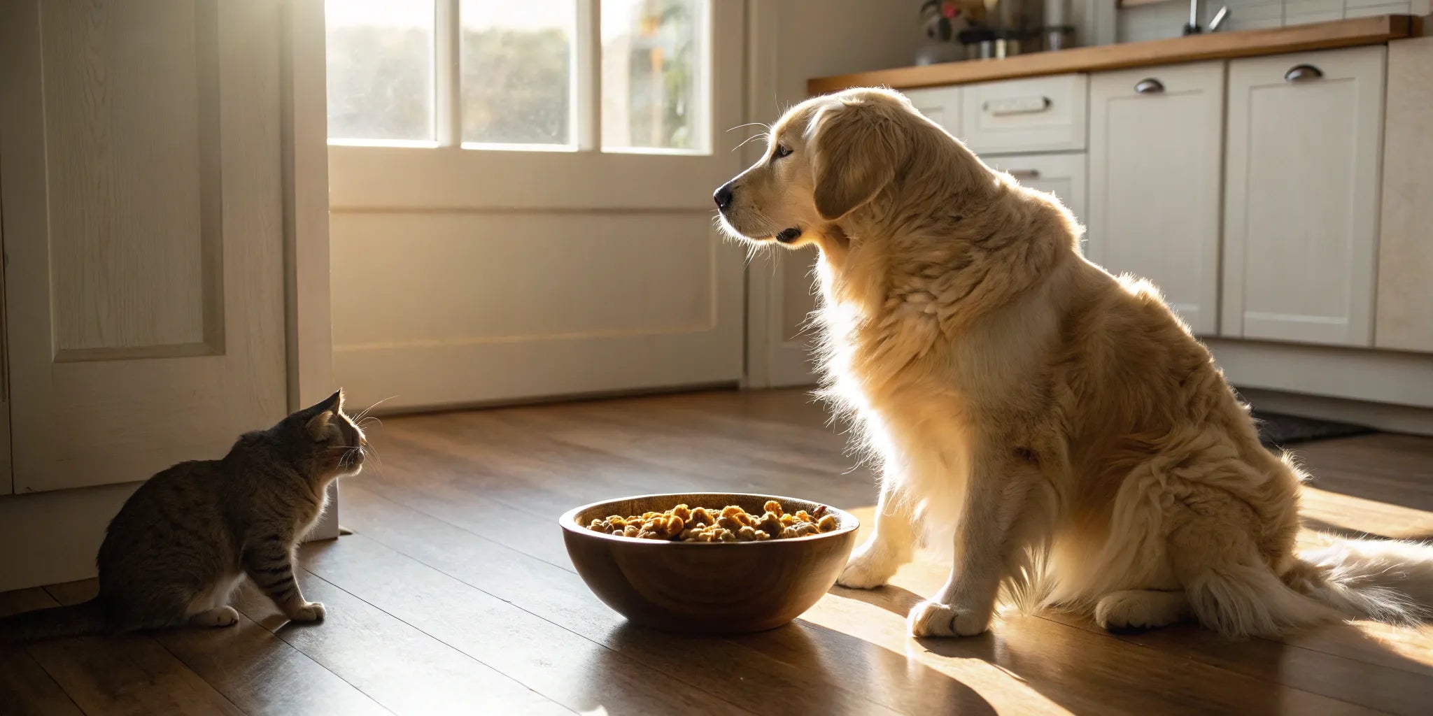 A dog with a bowl of specially formulated food for a sensitive stomach.
