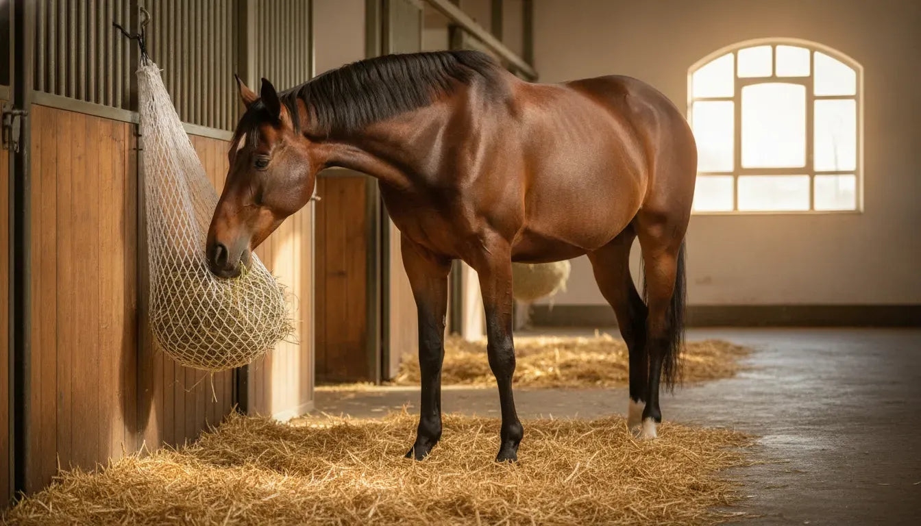 Horse eating hay from a securely hung slow feed hay net in a bright stable