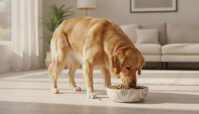 Golden retriever eating kibble from a textured slow feeder dog bowl