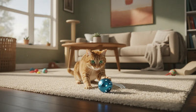 Tabby cat engaging with a motion-activated interactive toy indoors