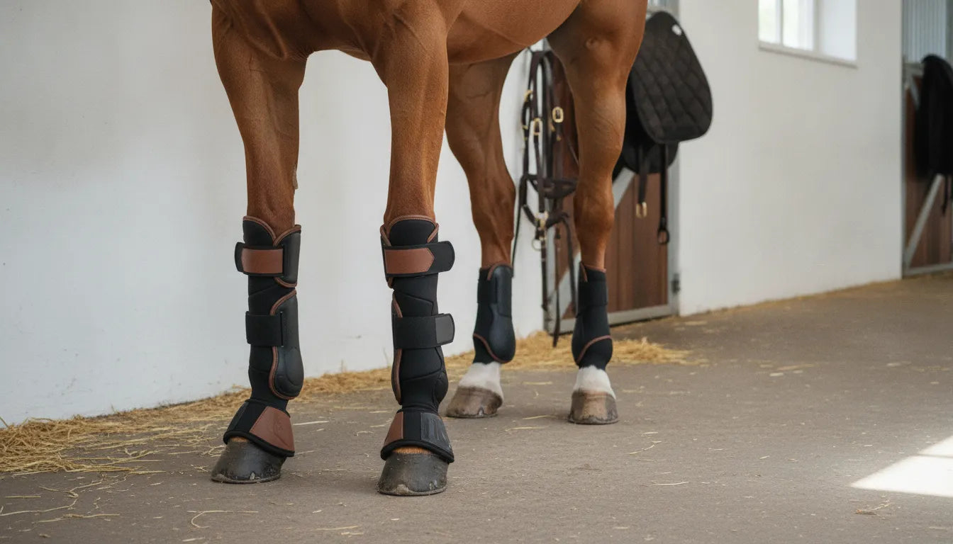 Horse wearing splint boots for horses in a stable aisle
