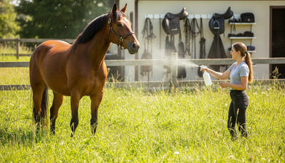 Horse owner safely applying fly spray to a bay horse in a sunny pasture