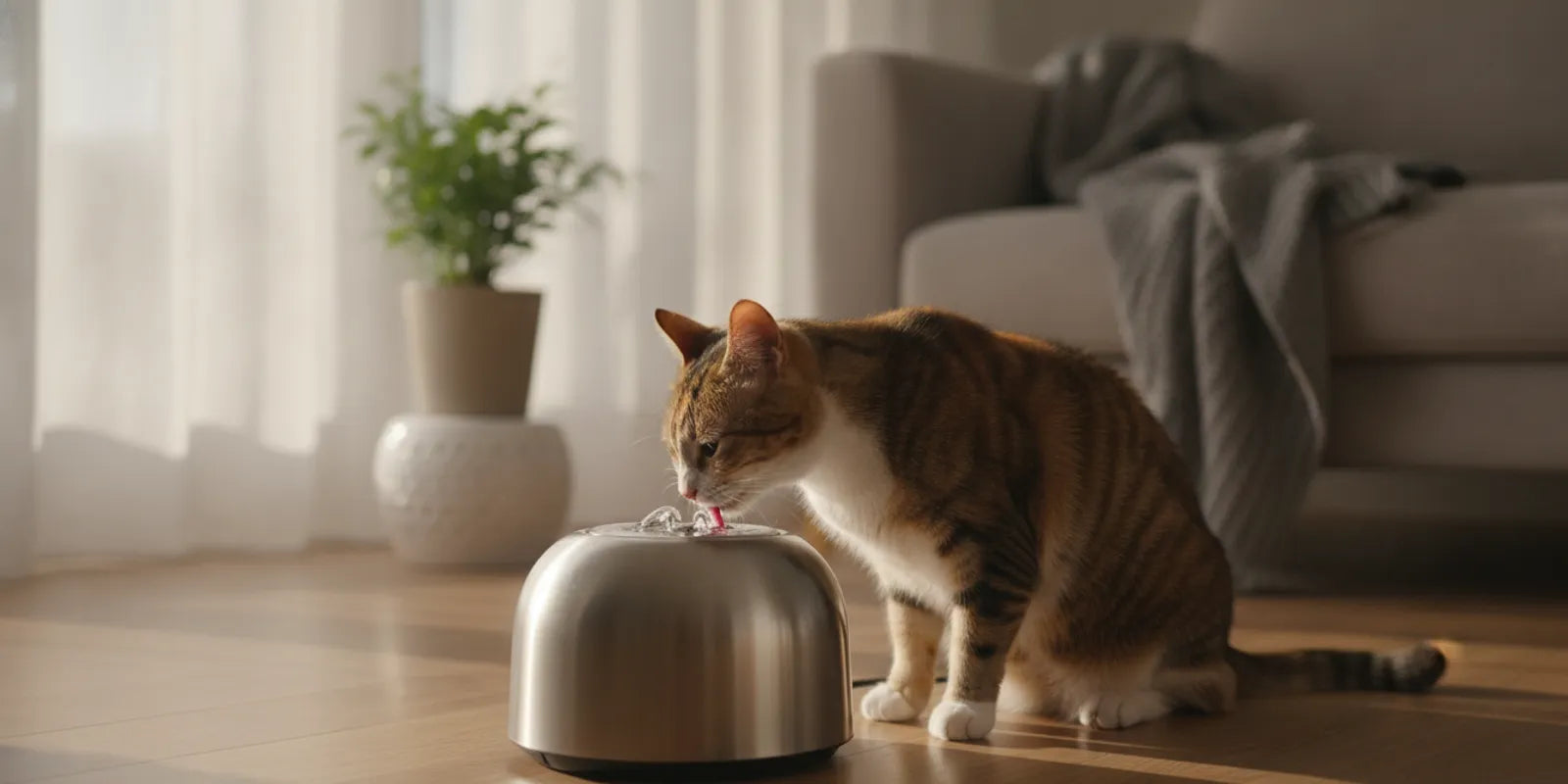 Stainless steel cat water fountain set beside a calm cat in a bright home