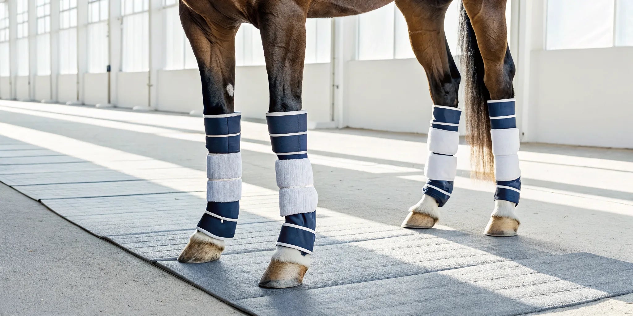 A horse's legs with properly applied standing wraps for support and protection.